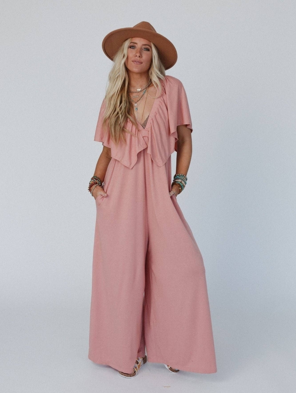NWT Open Back Ruffle Jumpsuit - In Shadow Blush
